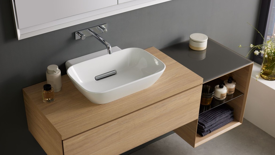 Geberit ONE lavabo à poser, meuble sous-lavabo en chêne