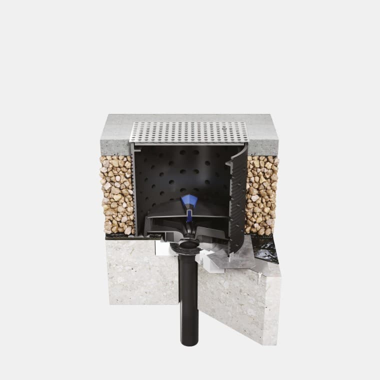 Installation von Geberit Pluvia auf einem begehbaren Betondach mit Bitumen-Dachabdichtung Installation von Geberit Pluvia auf einem begehbaren Betondach mit Bitumen-Dachabdichtung