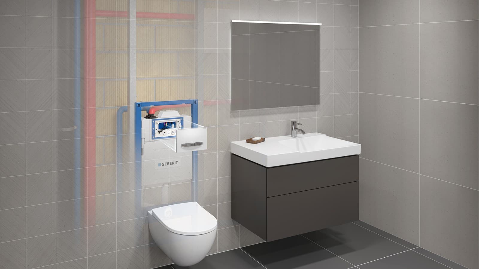 Rinçage forcé hygiénique Geberit HS30 dans une section de pièce (© Geberit) Rinçage forcé hygiénique Geberit HS30 dans une section de pièce (© Geberit)